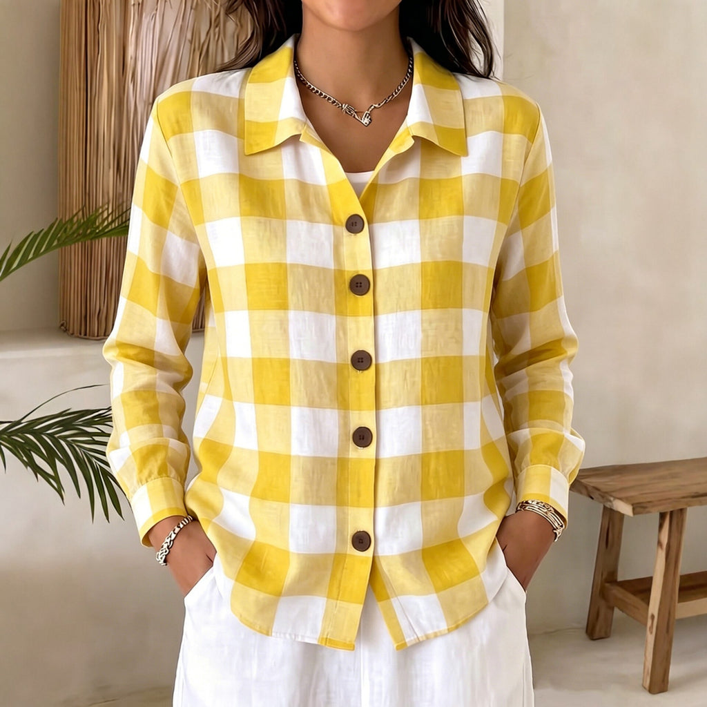 Bequeme Damen Langarm-Plaid-Shirt mit Knöpfen
