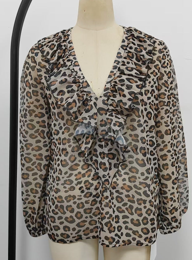 Leopard-Print Chiffon-Shirt mit V-Ausschnitt