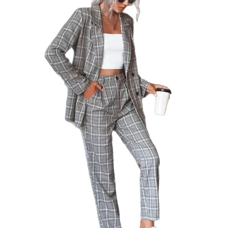 Kariertes Doppelreiher-Kurzblazer-Set