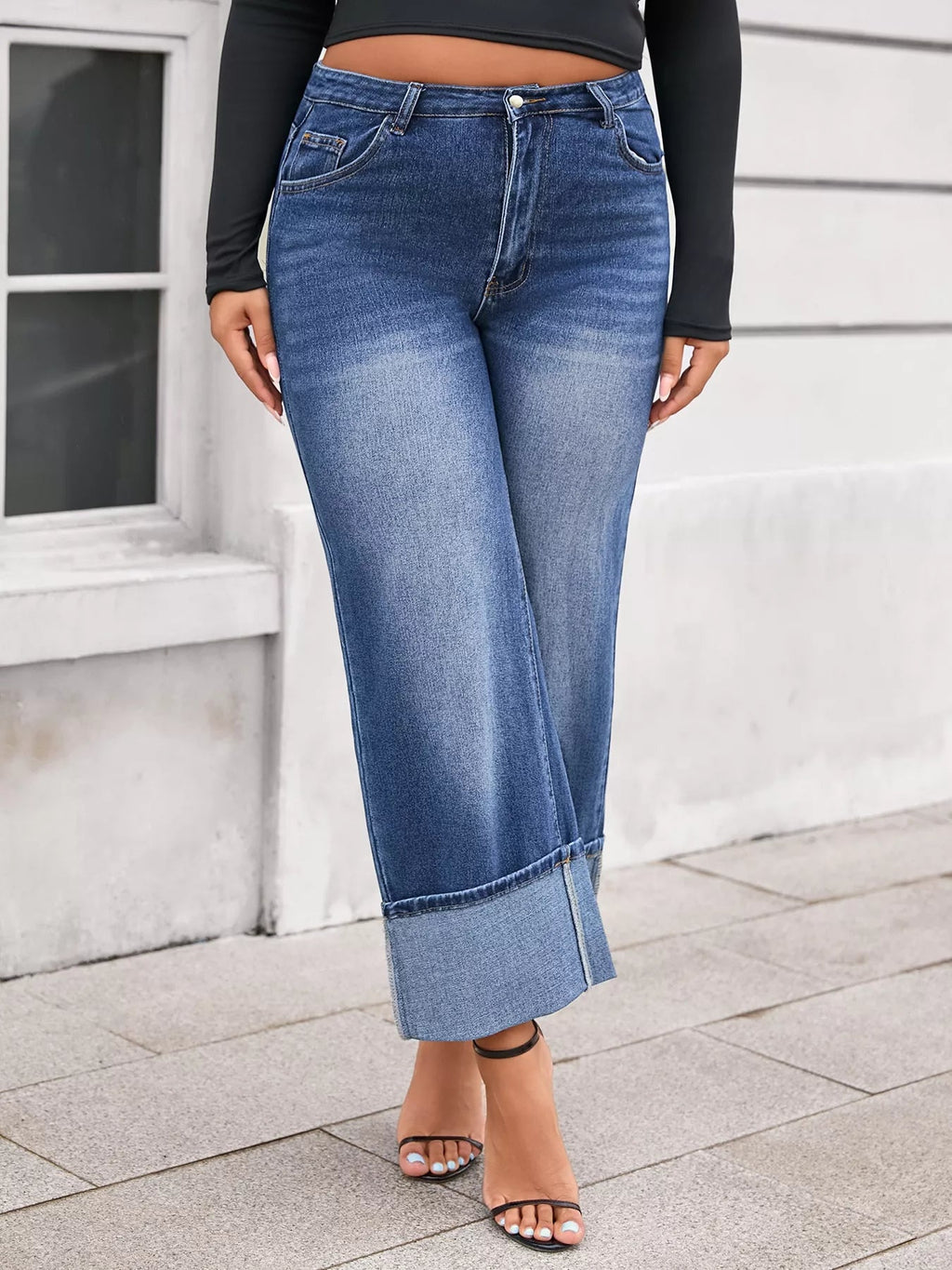 Damen Cuff Washed Wide-Leg Crop-Jeans