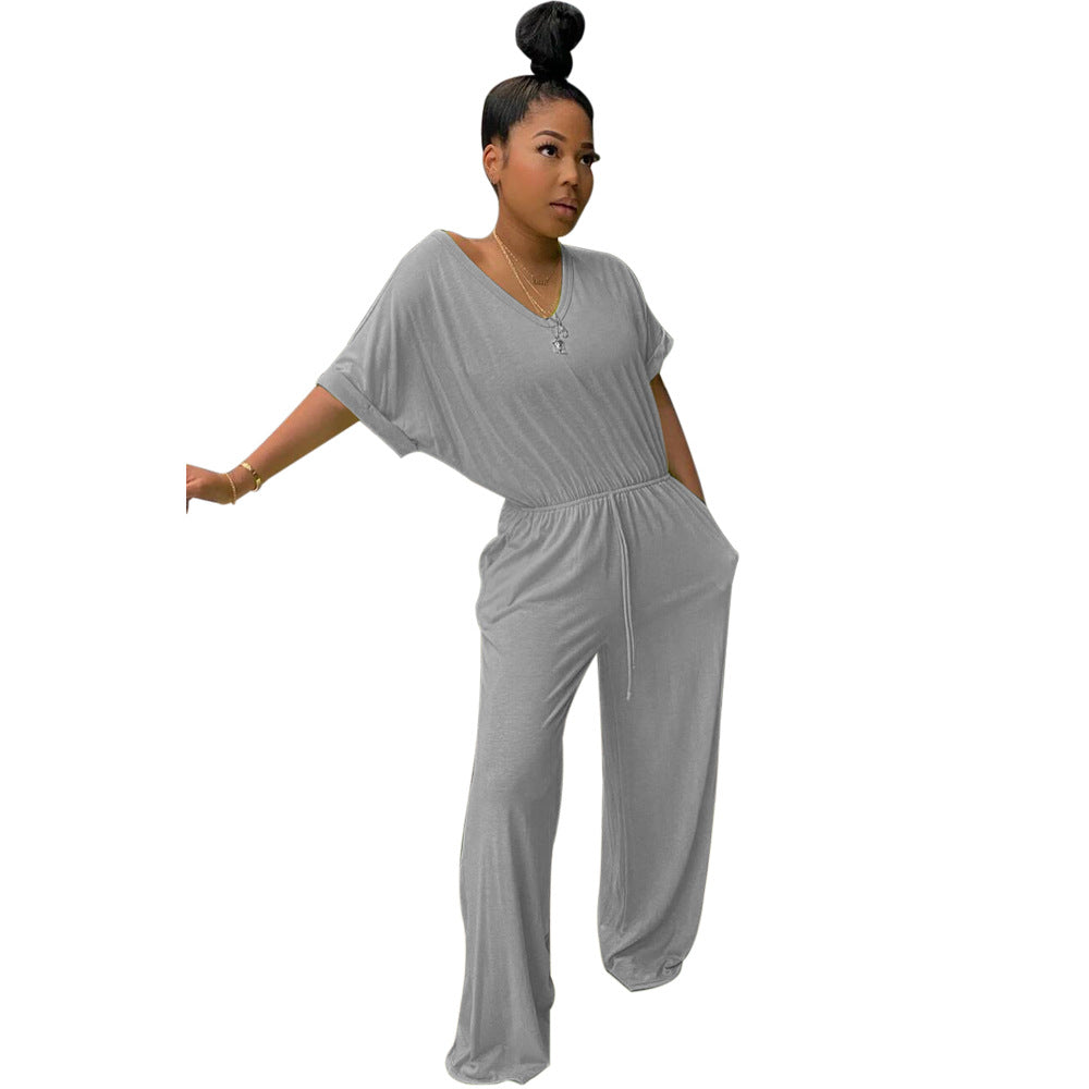 V-Ausschnitt Jumpsuit mit weitem Bein