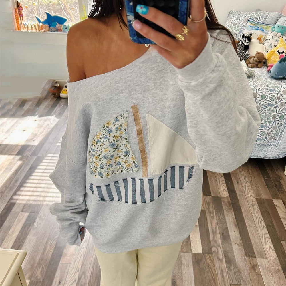 Off-Shoulder Pullover Sweatshirt mit 3D-Effekt