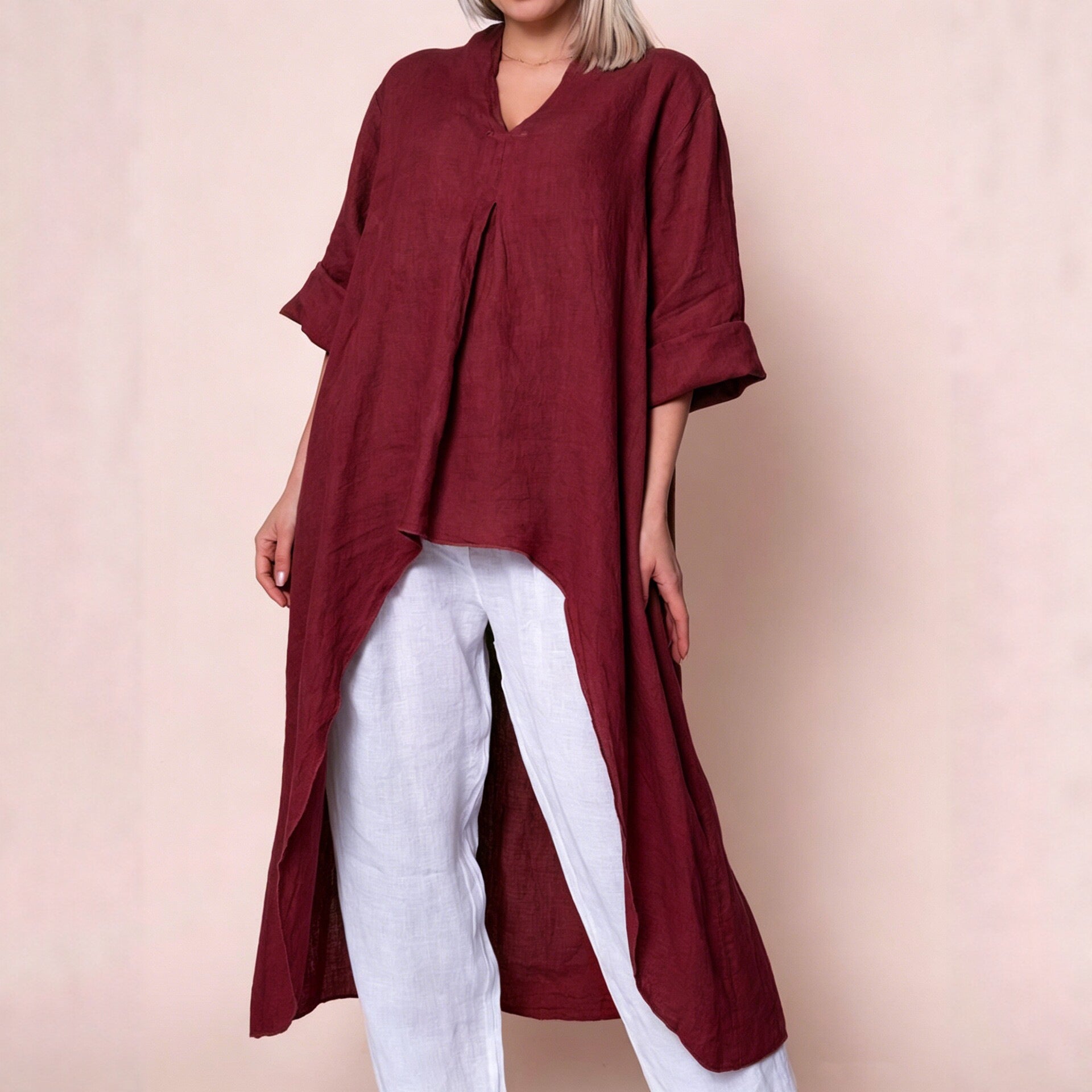 V-Ausschnitt Langarmshirt mit asymmetrischem Saum