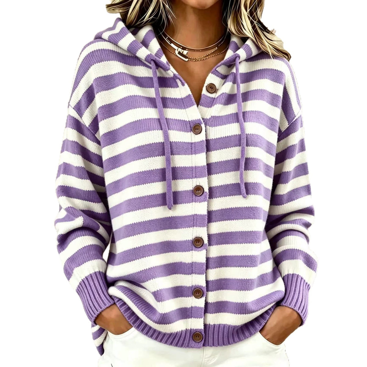 Gestreifte Kapuzen-Strickjacke für Damen – Bild 9 | LuxeStyle