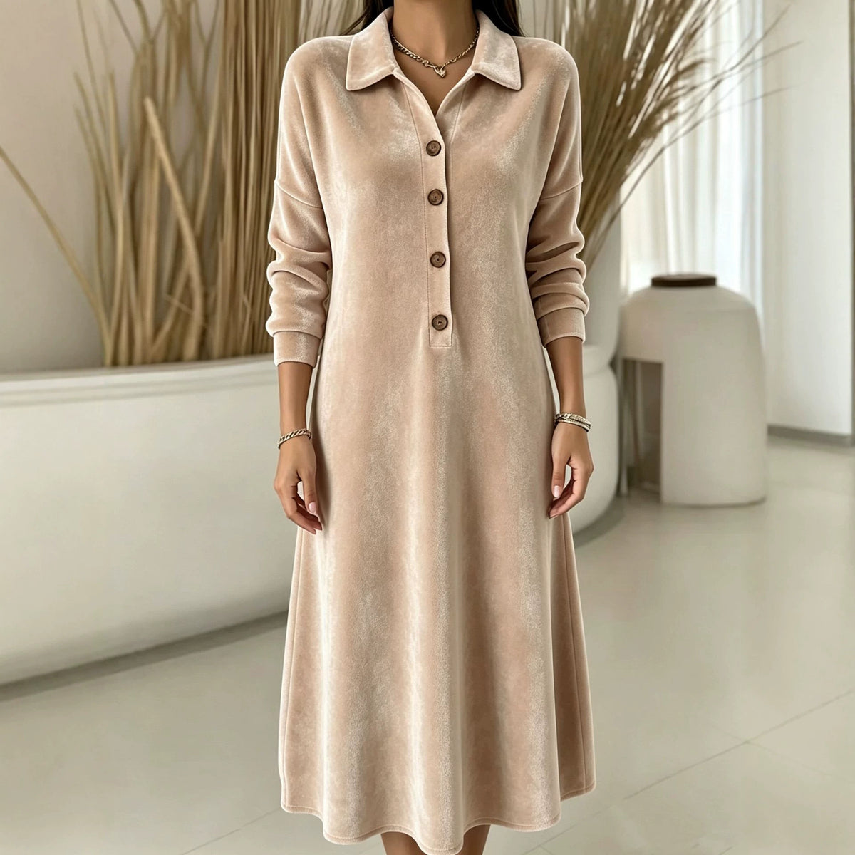 Samtkleid mit Knopfleiste und langen Ärmeln – Bild 4 | LuxeStyle