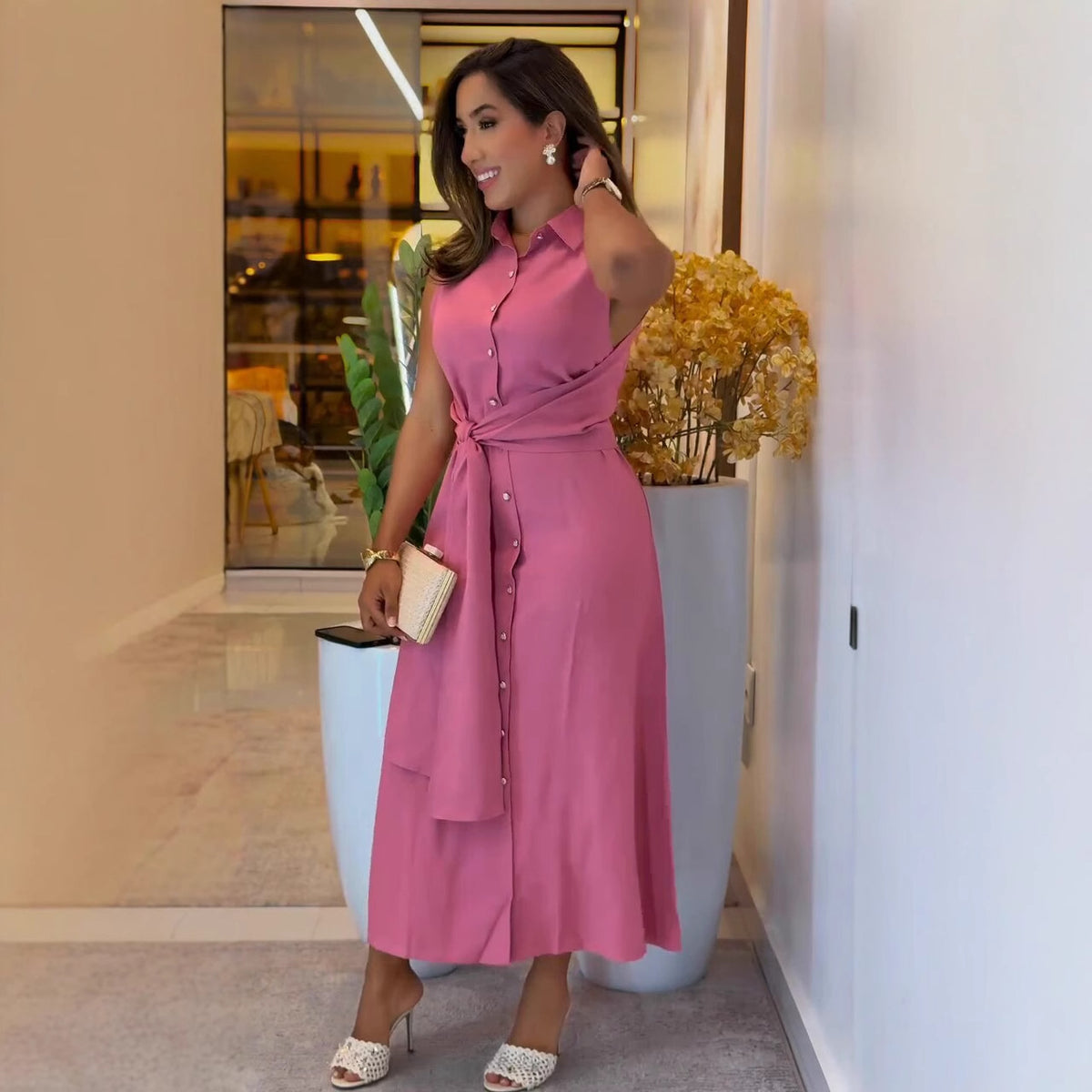 Ärmelloses A-Linien Hemdblusenkleid mit Taillengürtel – Bild 8 | LuxeStyle
