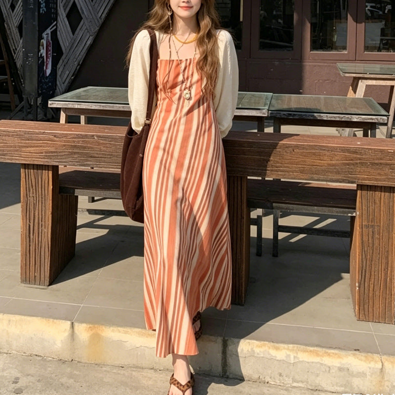 Vintage A-Linien Trägerkleid mit Diagonalstreifen