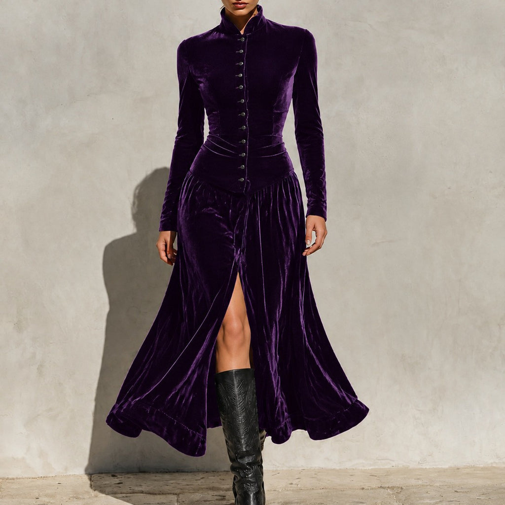 Samtkleid mit Stehkragen und hohem Schlitz – Bild 5 | LuxeStyle