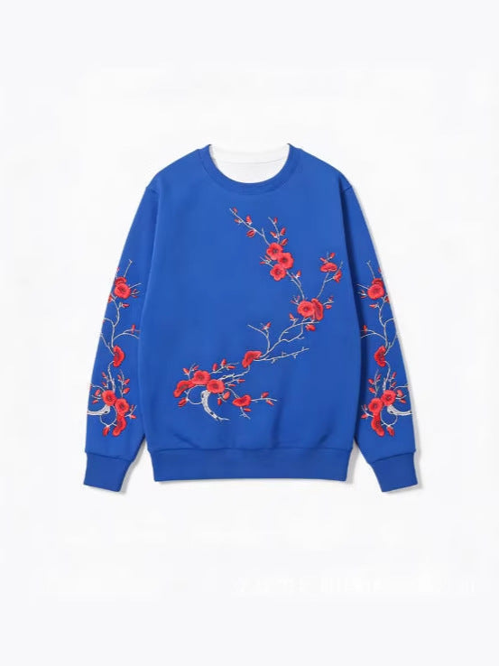 Schwarzes Sweatshirt mit rotem Pflaumenmuster