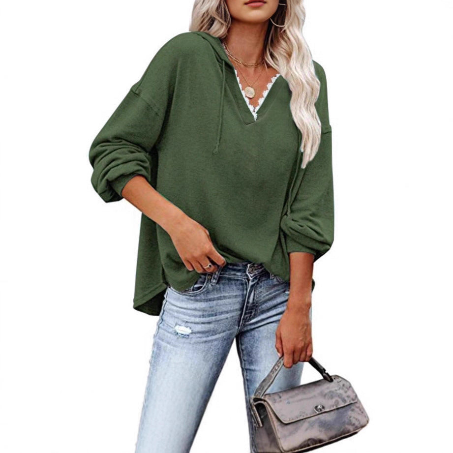 Kapuzen-Sweatshirt mit V-Ausschnitt und Spitze