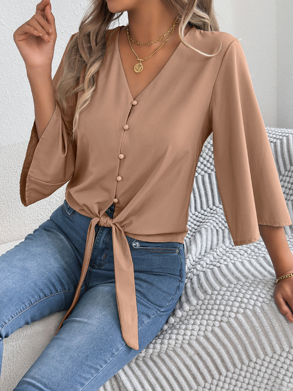 V-Ausschnitt Top mit 3/4-Ärmeln – Bild 5 | LuxeStyle