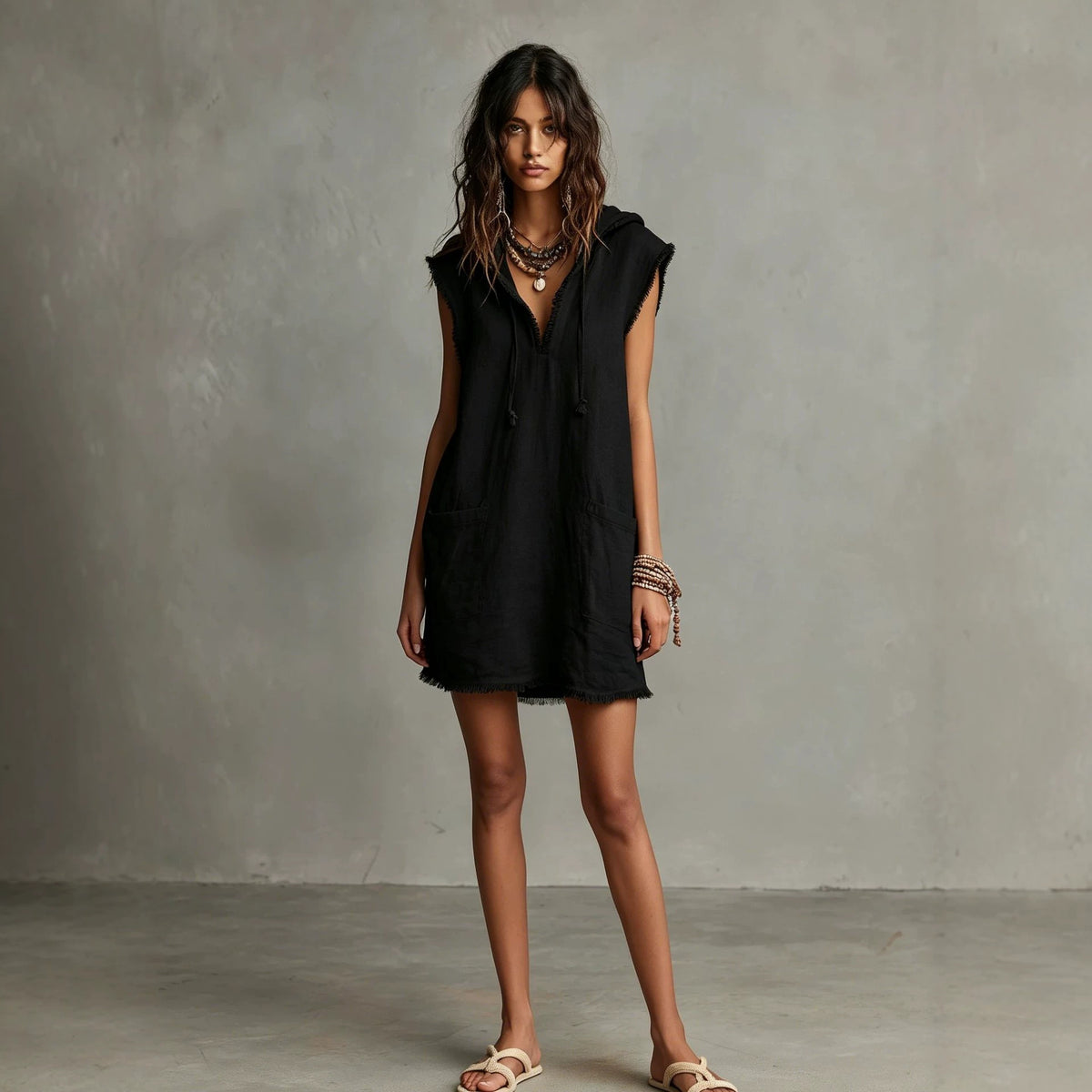 Kapuzenkleid mit V-Ausschnitt – Bild 11 | LuxeStyle