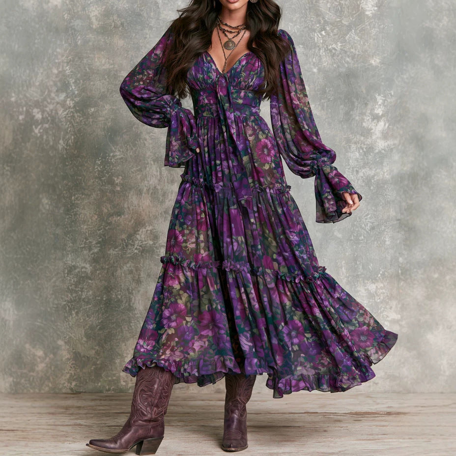 Blumenmuster-Kleid mit Rundhals und Bindedeta – Bild 5 | LuxeStyle