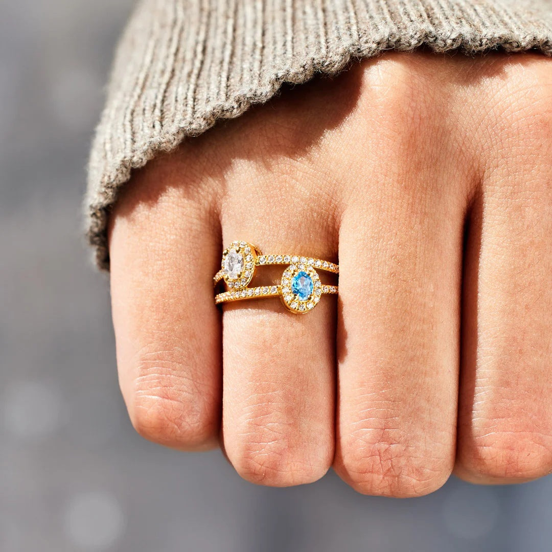 Doppel-Ring «Duo» · S925 Silber mit Zirkonia & Topas-Blau