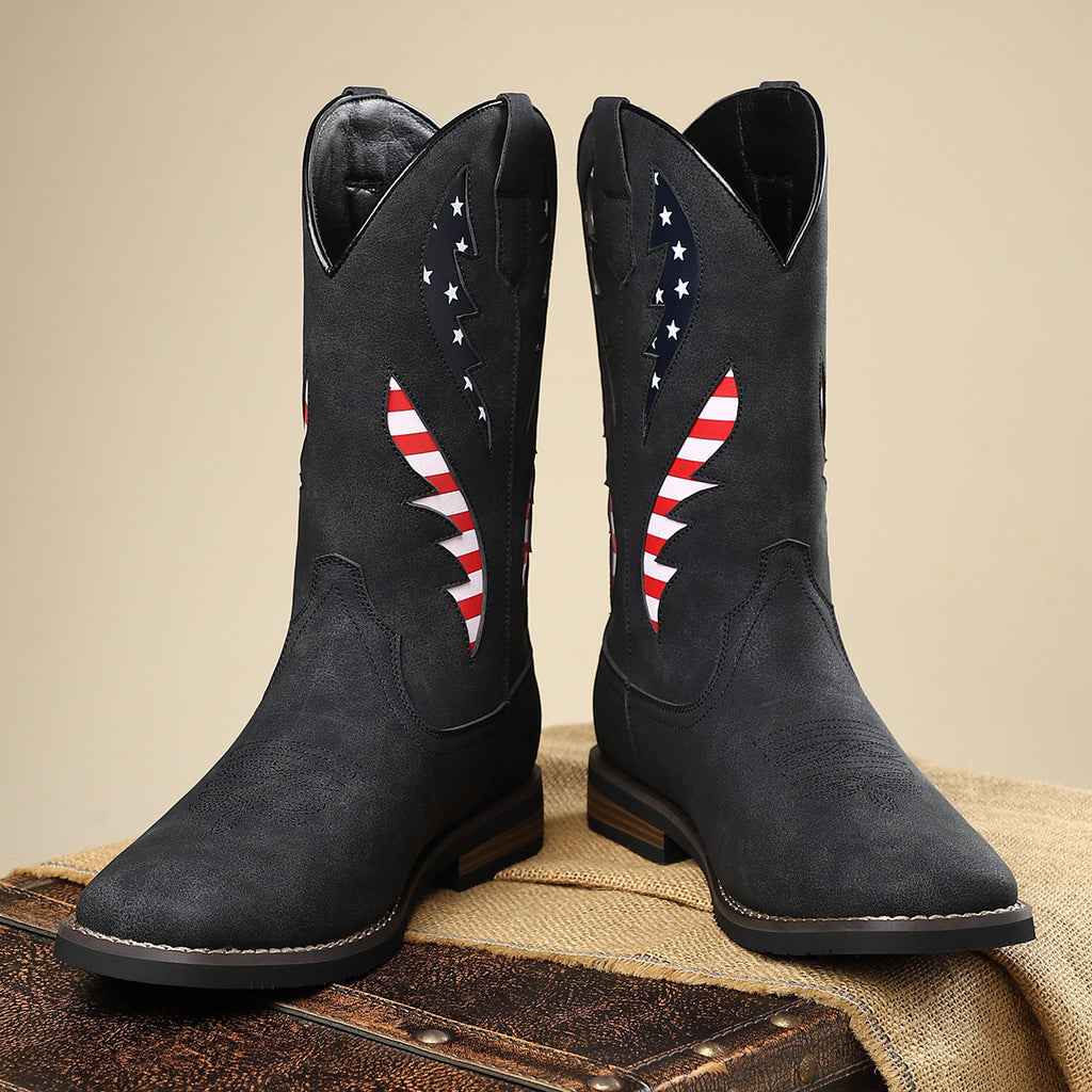 Herren-Lederboots mit Patchwork und Blockabsatz