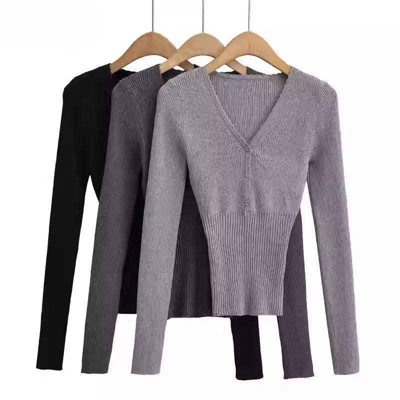 V-Ausschnitt Langarm-Strick-Top | LuxeStyle