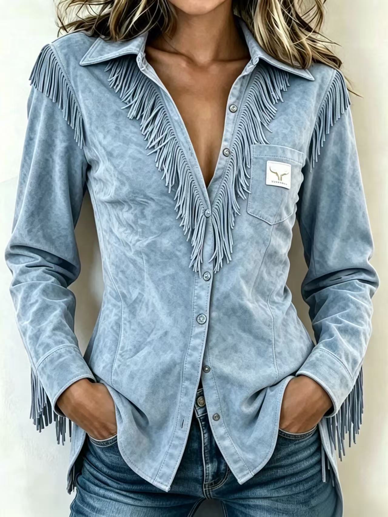 Western Cowboy Wildleder Fransen Langarmshirt