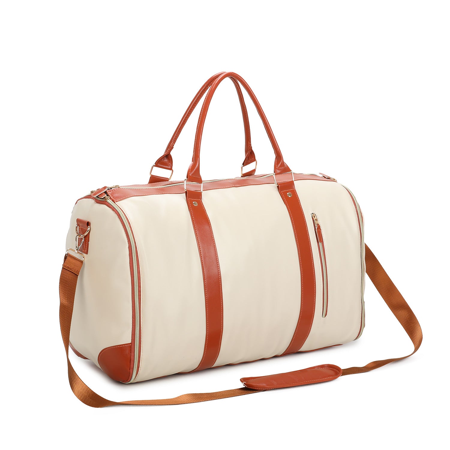 Weekender Reisetasche Voyage aus cremefarbenem PU-Leder mit Cognac-Details