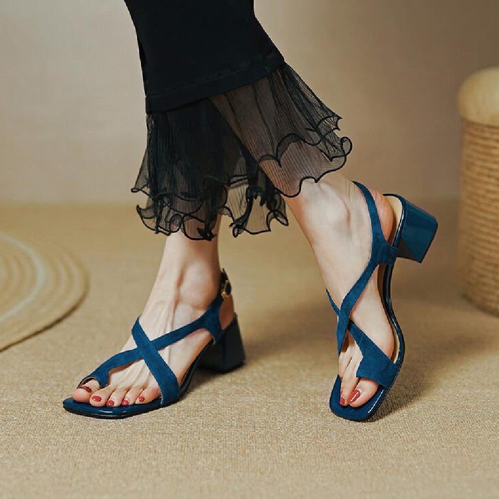 Apricotgelb-blaue Chunky Heel Cross-Strap Sandalen – Bild 6 | LuxeStyle