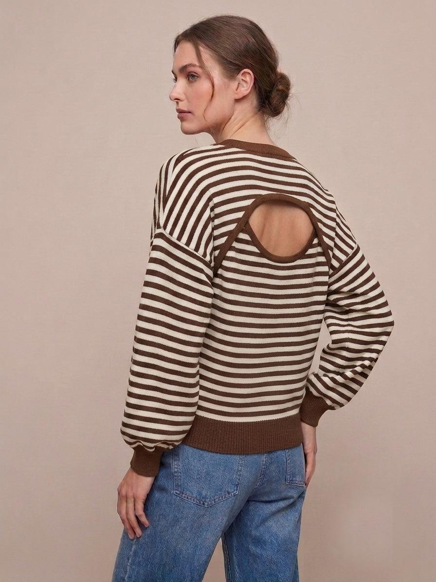 Rückenfreier gestreifter Color-Block Langarmstrickpullover