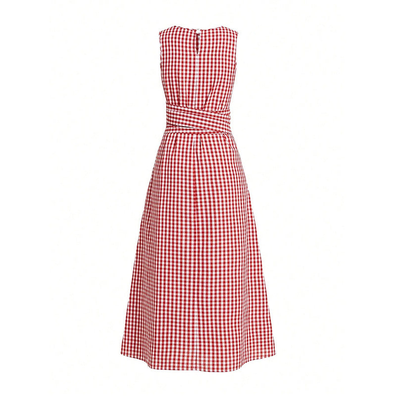 Rot-weiss kariertes ärmelloses Damenkleid