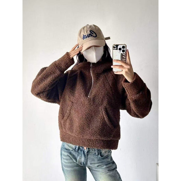 Relaxed Fit Halbzipfel-Hoodie aus Imitat Lammwolle