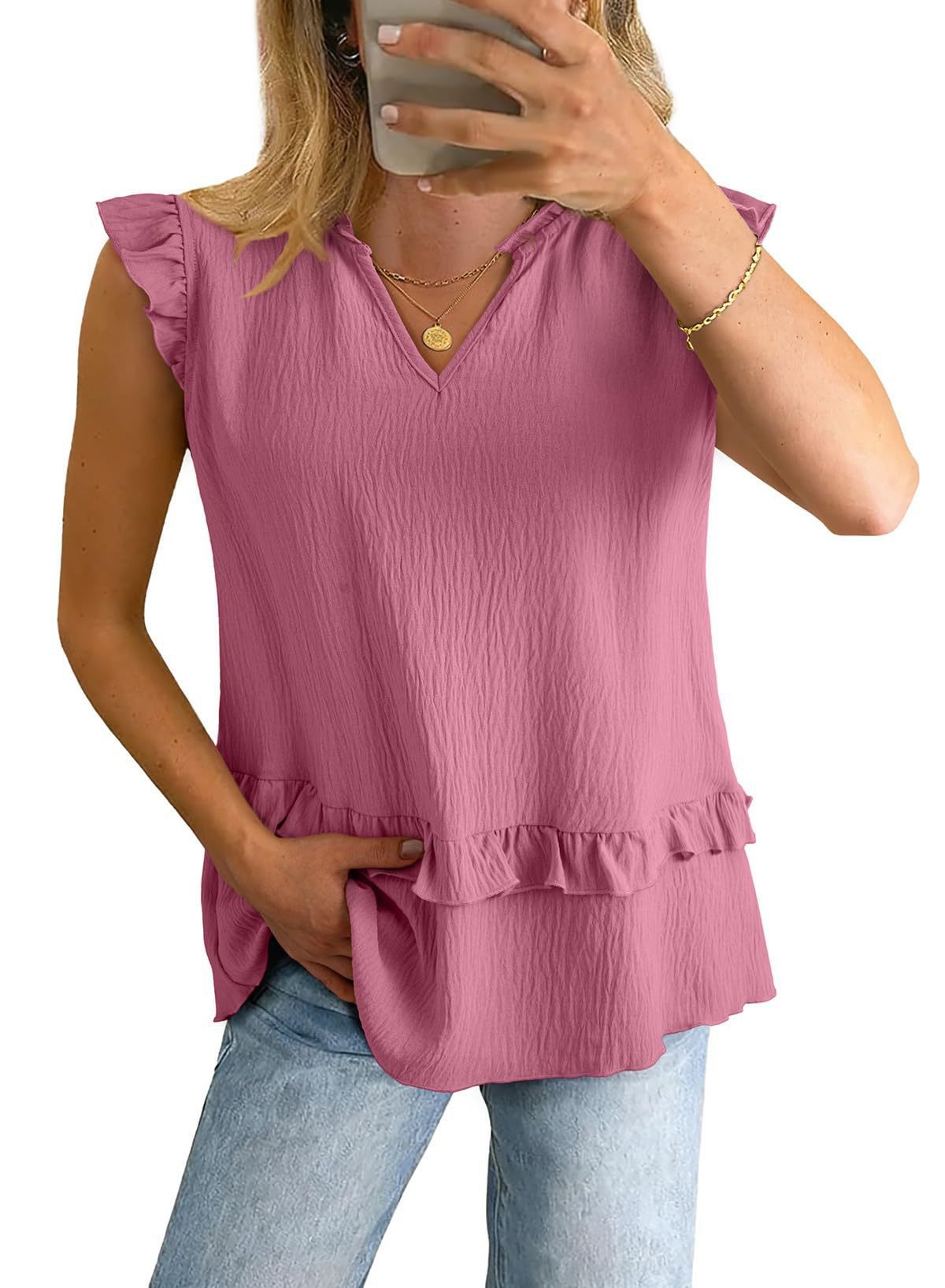 Damen V-Ausschnitt Shirt mit Rüschensaum – Bild 6 | LuxeStyle