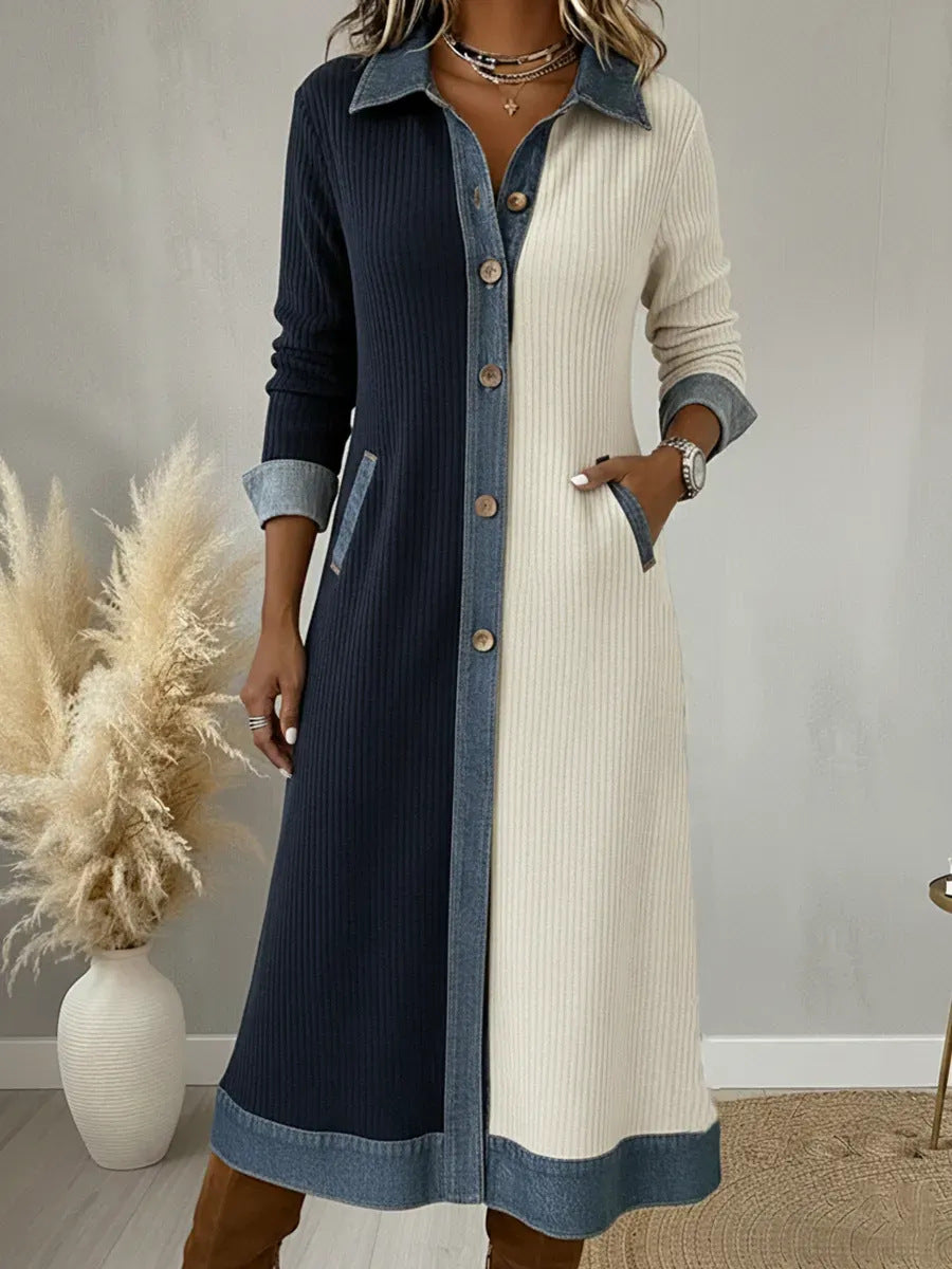 Color-Block Denim-Cardigan Maxikleid