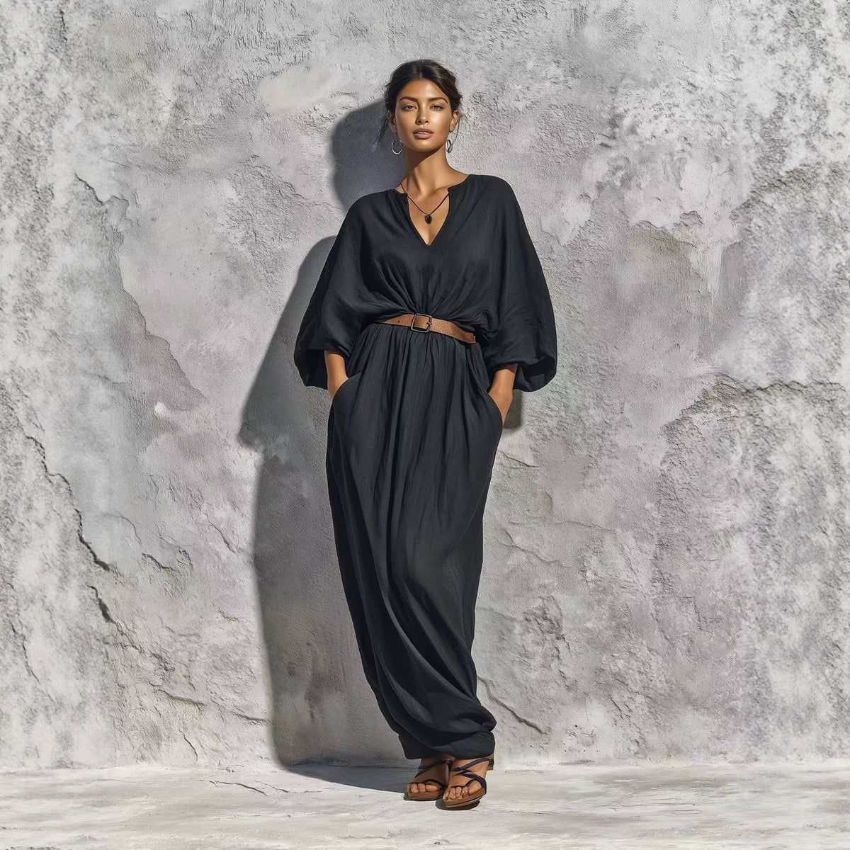 V-Ausschnitt Batwing-Ärmel Kleid – Bild 3 | LuxeStyle