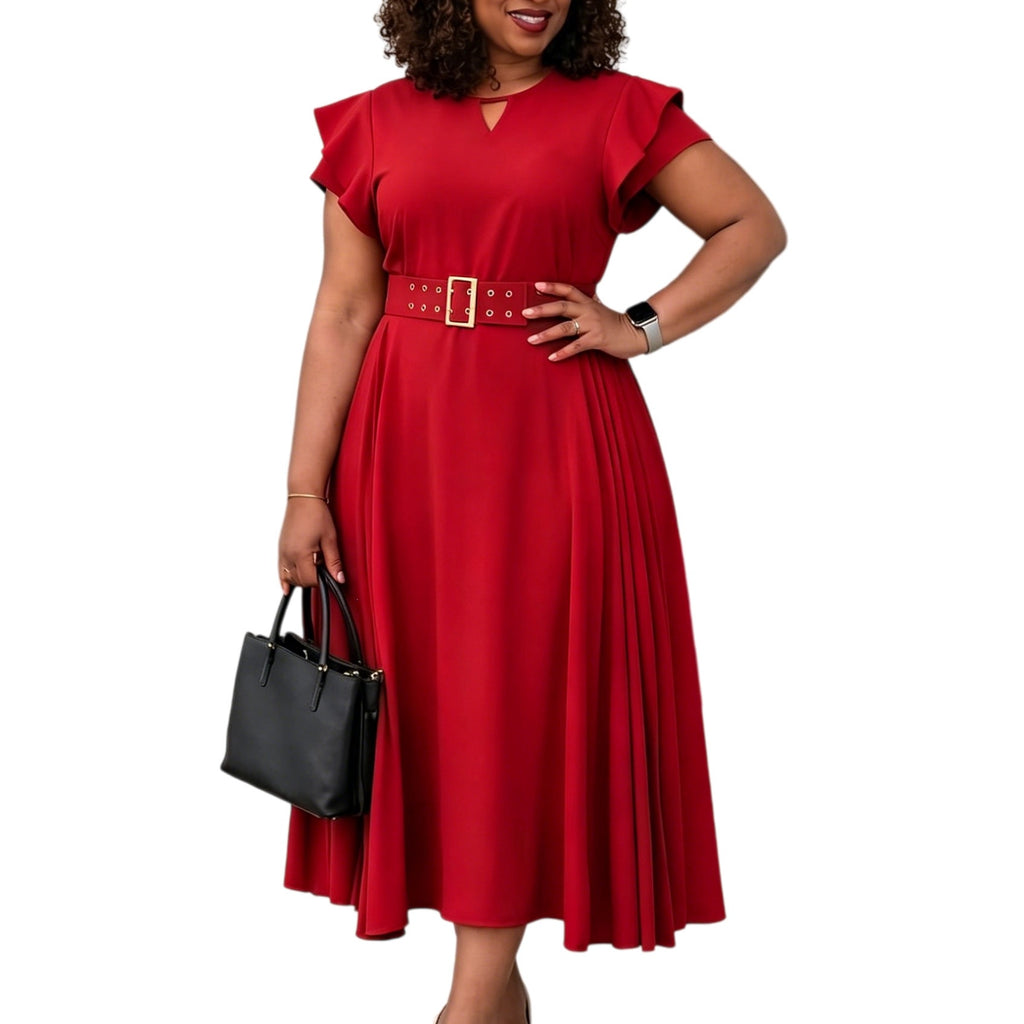 Midi-Plisseekleid mit Rüschenärmeln und Gürtel