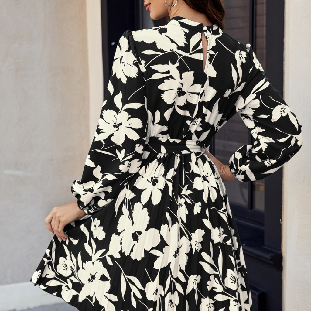 Bedrucktes Langarm-Minikleid mit Rundhals