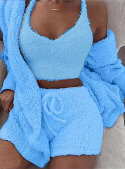 3er-Set Damen-Pyjama mit Langarm-Crop-Top und Bindebund-Shorts