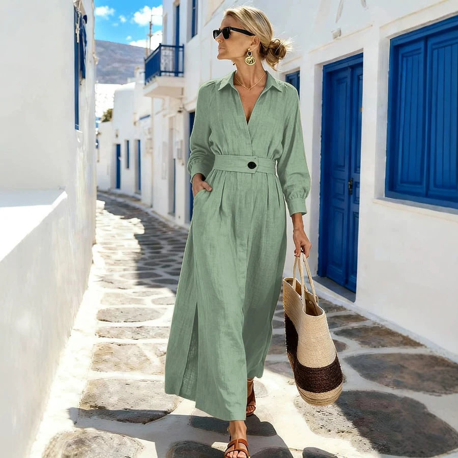 Langarm A-Linien Blusenkleid mit Schlitzkragen | LuxeStyle
