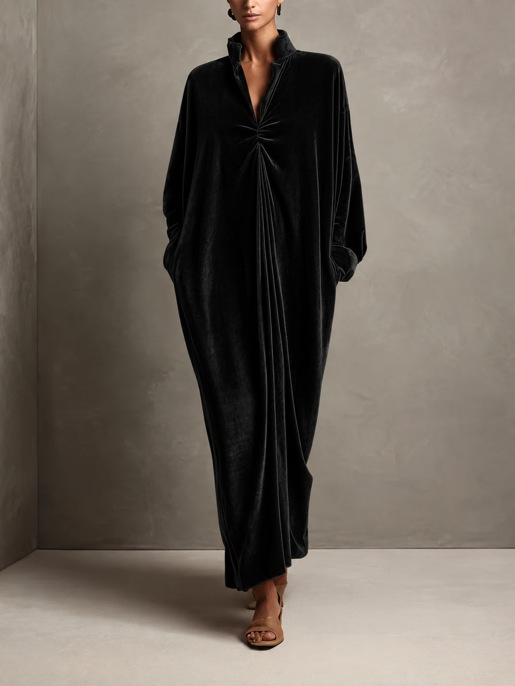 Mandarinkragen-Langkleid mit Goldsamt – Bild 6 | LuxeStyle