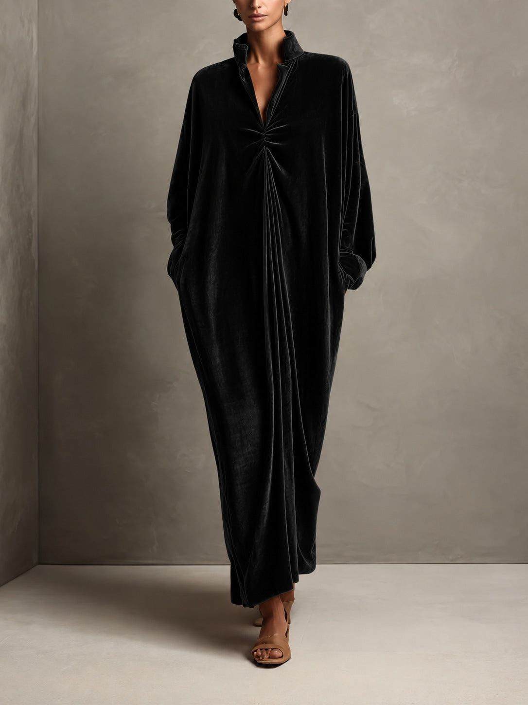 Mandarinkragen-Langkleid mit Goldsamt – Bild 6 | LuxeStyle
