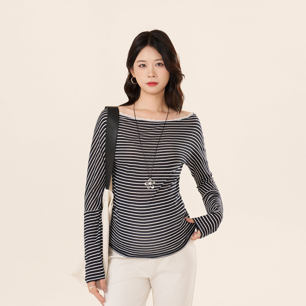 Lyocell Off-Shoulder Langarmshirt gestreift