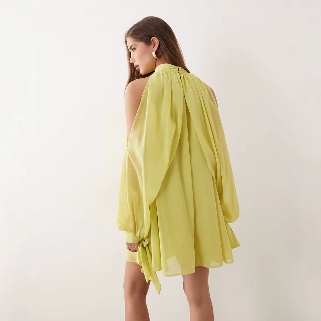 Gelb, Puffärmel Kleid mit Schnürdetail