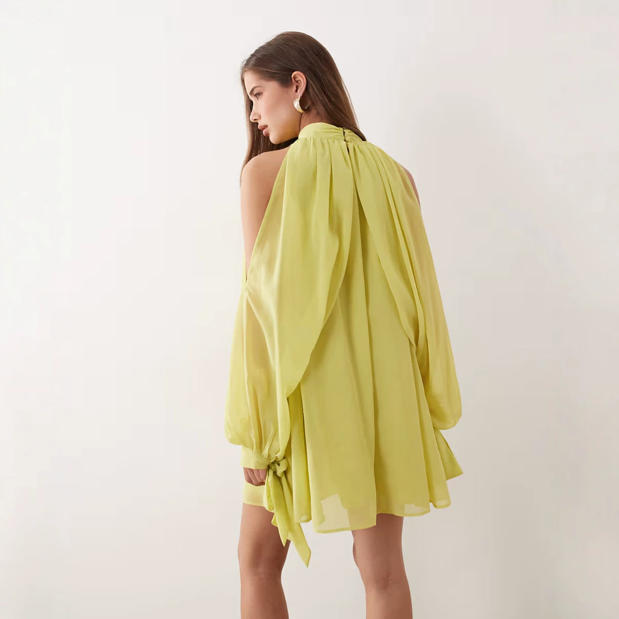 Gelb, Puffärmel Kleid mit Schnürdetail