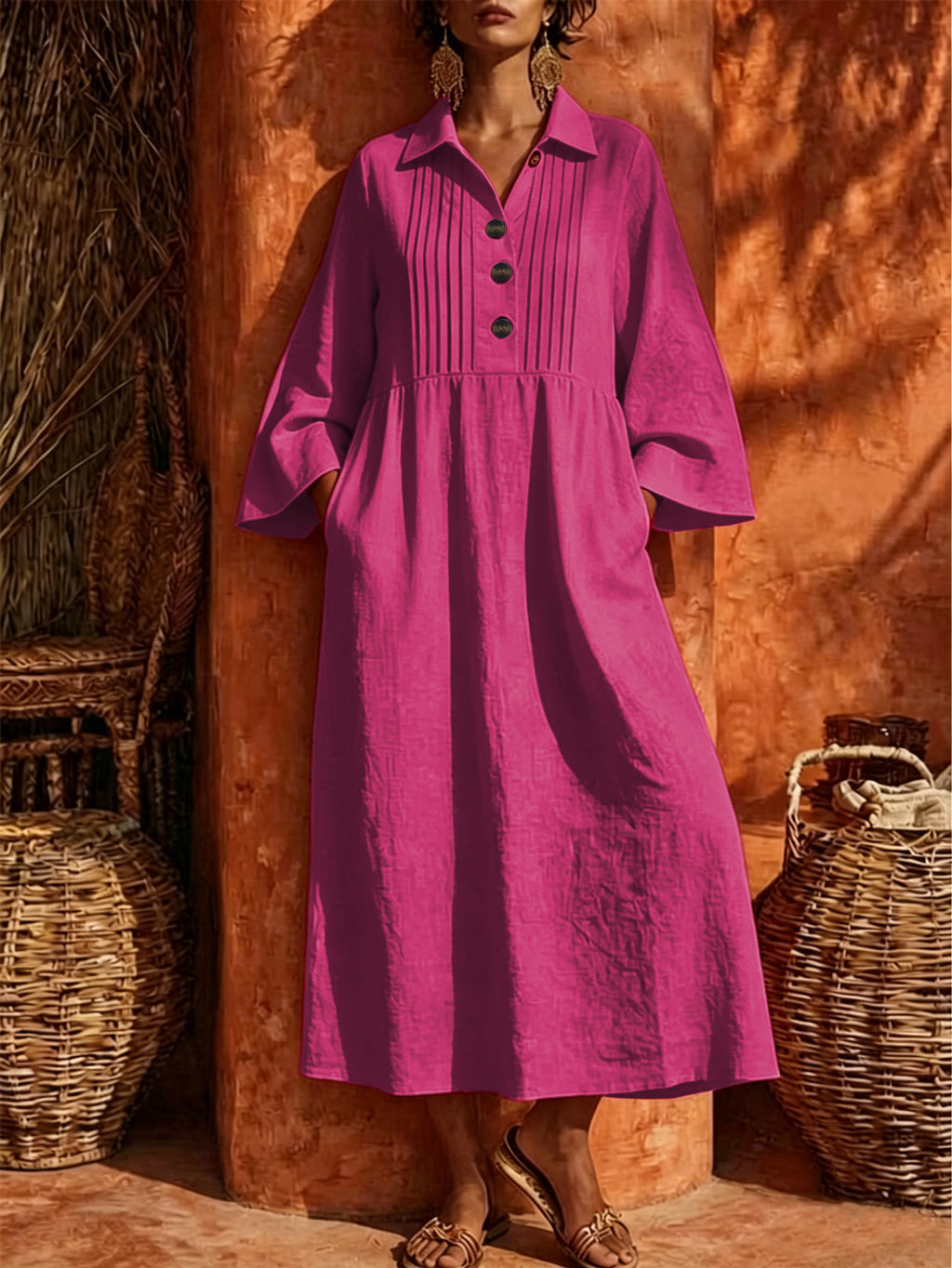 Langes V-Neck Freizeitkleid mit Knopfleiste – Bild 8 | LuxeStyle