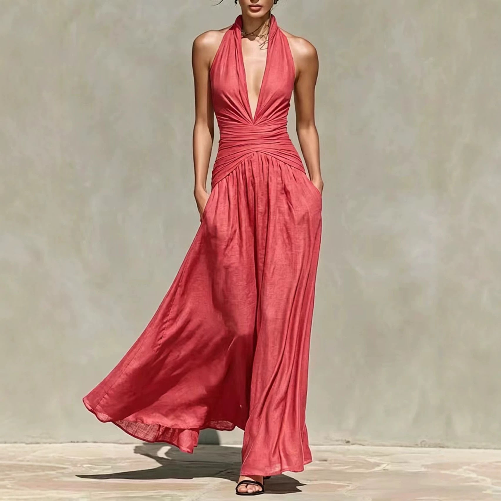 V-Ausschnitt Kleid, Taille betonend, slim-fit, weite Maxi-Rockschleppe