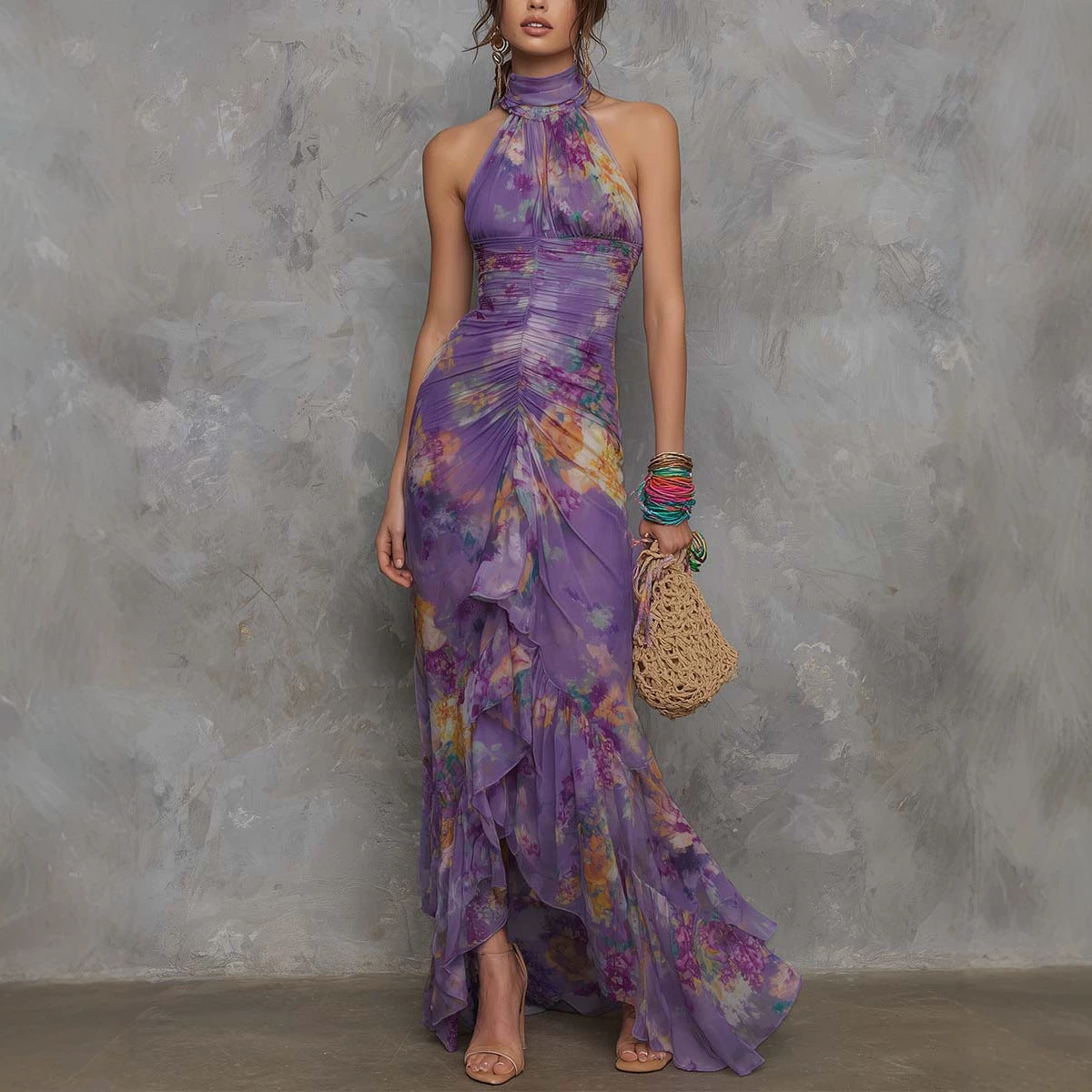 Asymmetrisches Wickelkleid mit Farbblock-Print | LuxeStyle