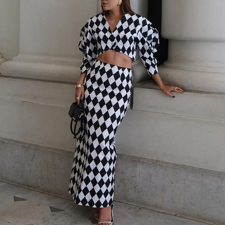 Diamond Check Crop Top & Mermaid Maxi Rock Set