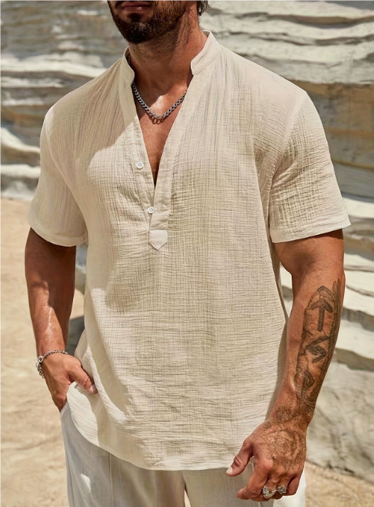 Herren Baumwoll-Leinen Hemd mit Kubakragen – Bild 3 | LuxeStyle