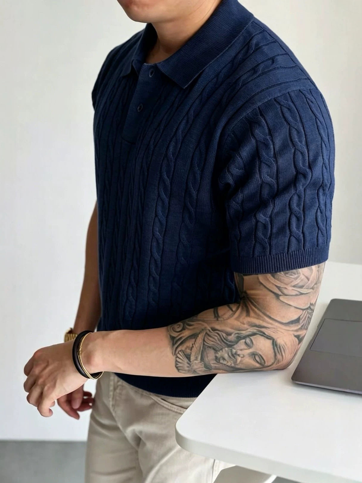 Polo-Shirt Herren Kurzarm Strick Zopfmuster