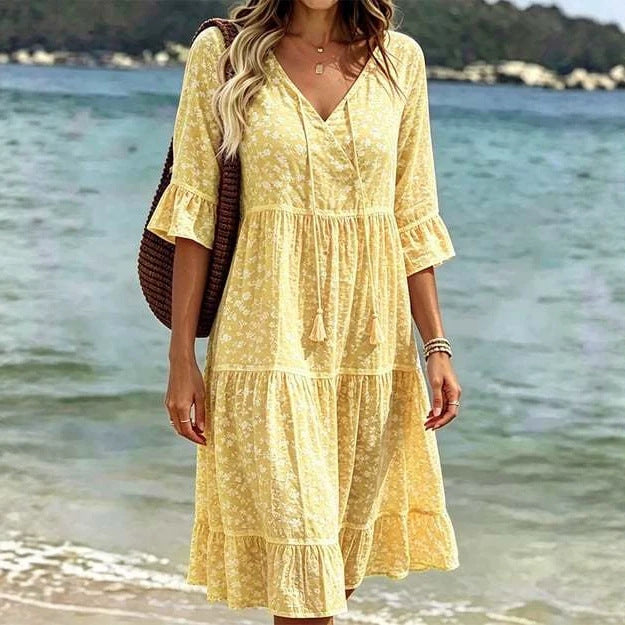 Bedrucktes V-Ausschnitt Midikleid mit 3/4-Ärmeln – Bild 1 | LuxeStyle
