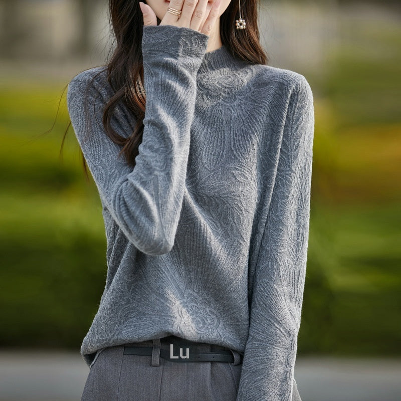 Feingestricktes Langarmshirt aus Wolle mit Stehkragen
