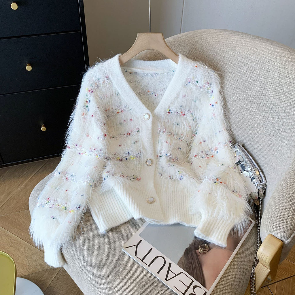 Mink-Samt Strickpullover-Mantel mit Quasten