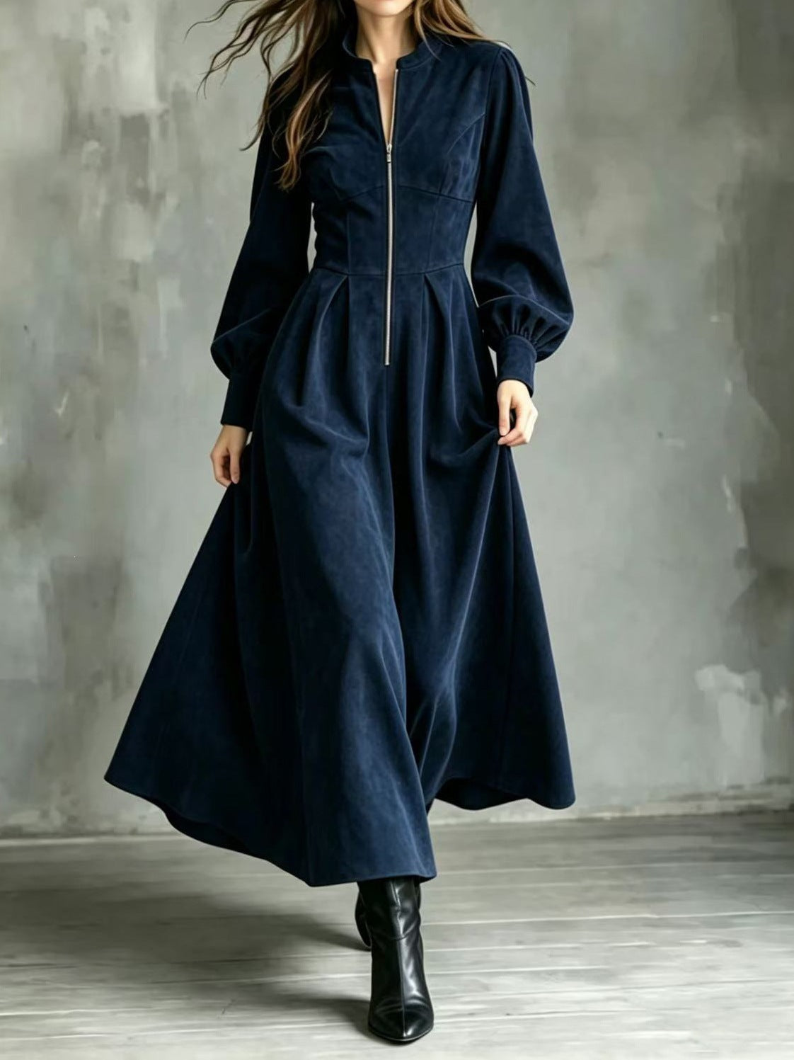 Midikleid mit Laternenärmeln und Reissverschluss