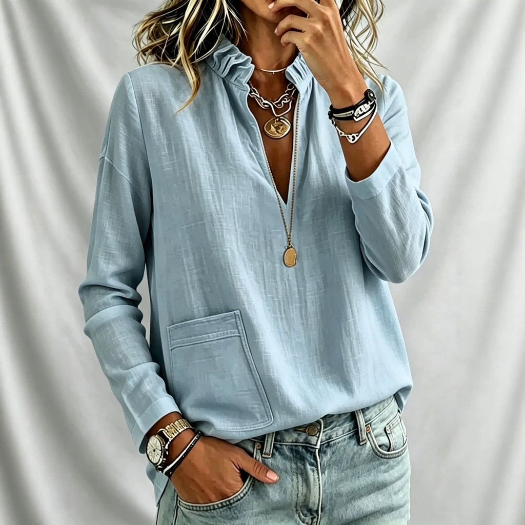 Stehkragen-Bluse mit langen Ärmeln und Taschen