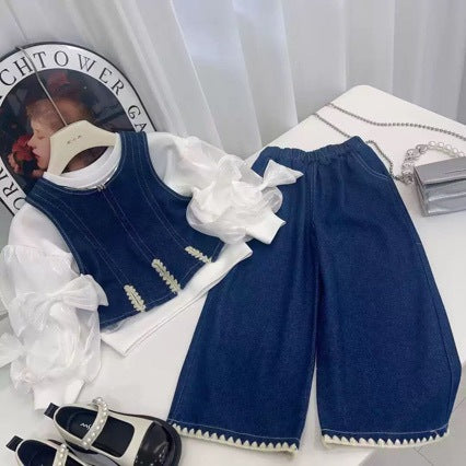 Kinder-Set mit Jeans-Weste, Bluse und Hose